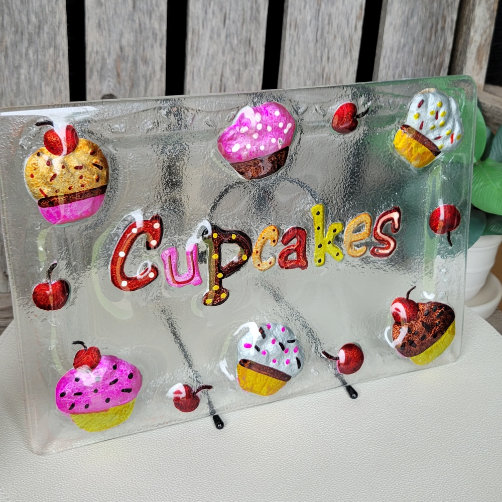 Cupcakes & Cherries Handpainted Fused Glass Rectangle Platter - Picture 6 of 8